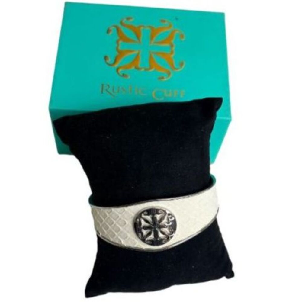 Rustic Cuff Monique Python Print White Leather Silver Tone Signature Cross Cuff